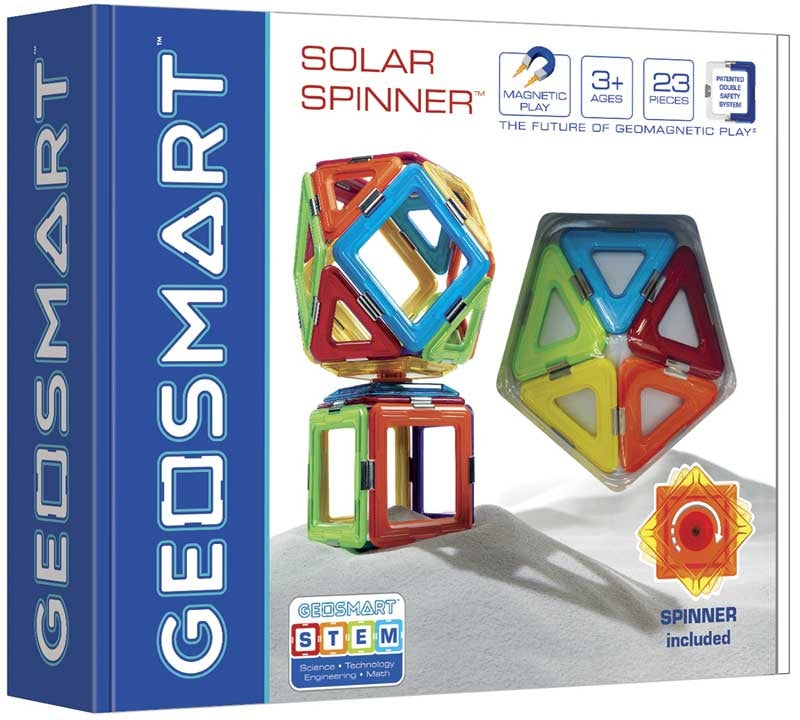 The GeoSmart Solar Spinner, a magnetic construction set featuring 23 colourful geometric pieces and a solar-powered spinning mechanism, designed for STEM learning and creative play.
