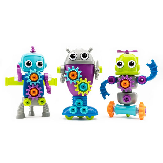 Design & Drill Robot Workshop showing three colorful robots assembled with mix-and-match parts, bolts, and kid-friendly tools for creative STEM play