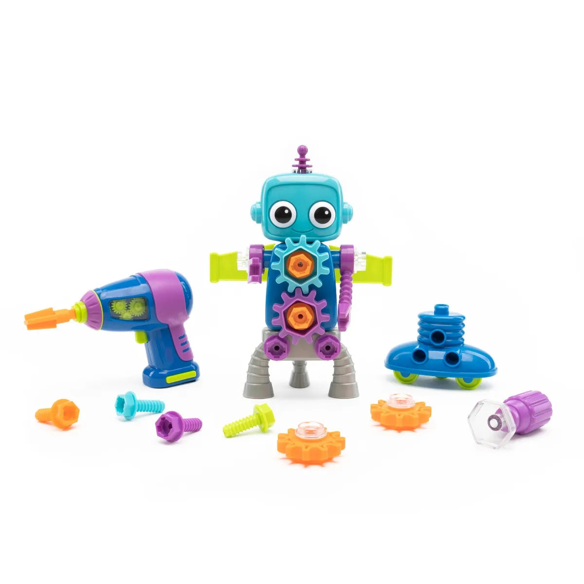 Design & Drill Robot Workshop: A robot with a drill stands among spare parts and tools, ready for assembly in this education STEM toy.