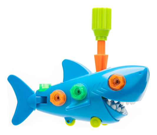 Educational Insights Design & Drill Shark—blue shark toy with bolts, moving parts & wheels for hands-on STEM fun. For 3 years +.