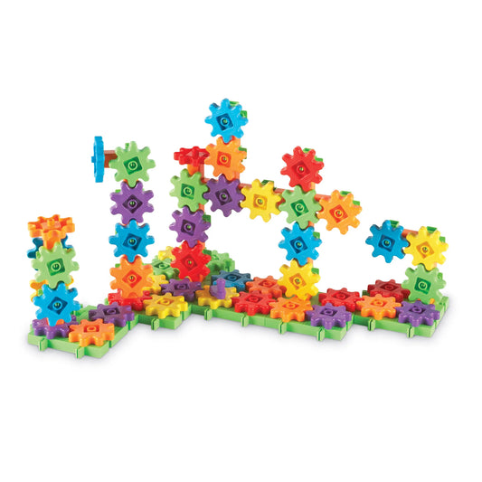 Fully built Learning Resources Gears! Gears! Gears! Deluxe Building Set. Hands-on STEM learning for kids, encouraging creativity, engineering, and problem-solving through interactive gear-building play. Recommended for ages 3+.