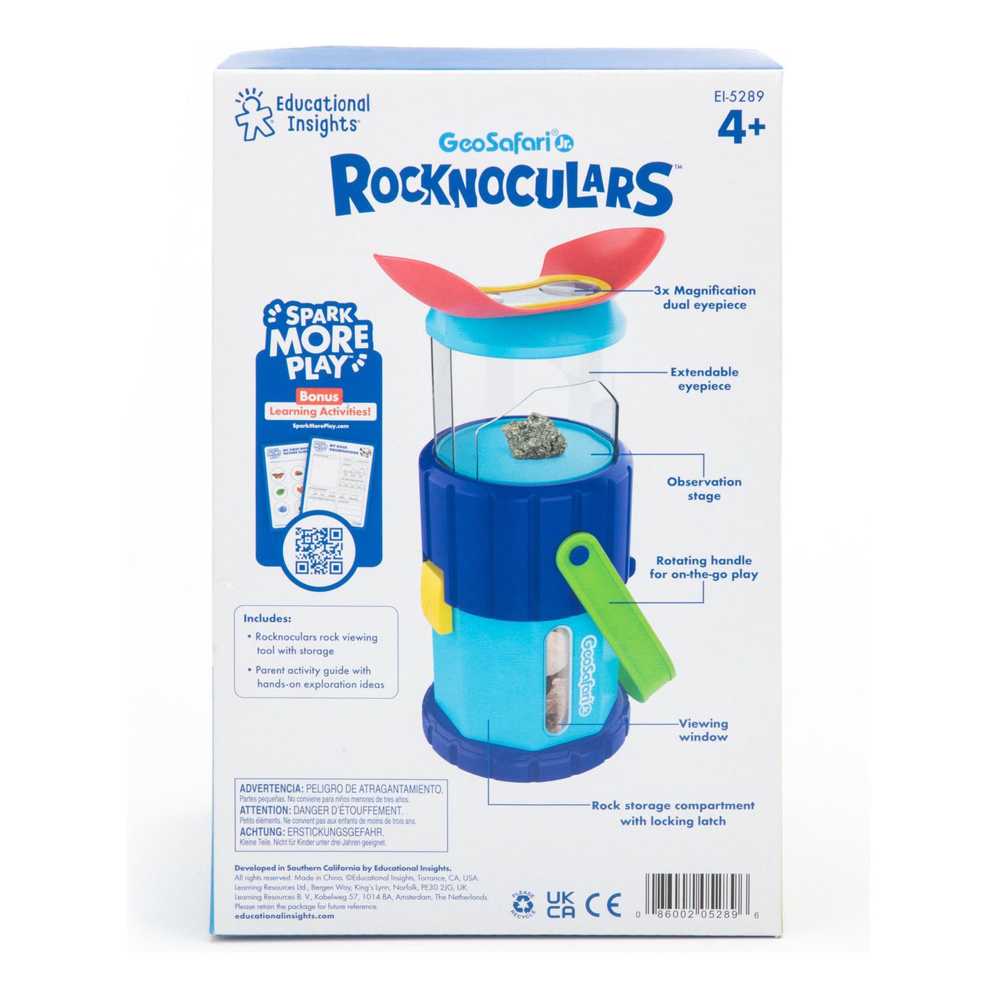 Back of box displays GeoSafari® Jr. Rocknoculars STEM product details, usage instructions, storage info, and safety guidelines in vibrant design.