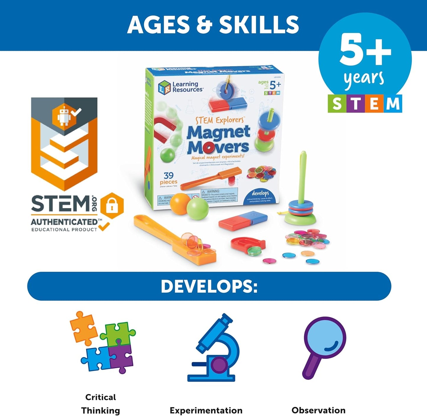Learning Resources STEM Explorers Magnet Movers Set with STEM.org authenticated logo. Develops critical thinking, experimentation, and observation skills through hands-on magnetism experiments. Recommended for ages 5+.