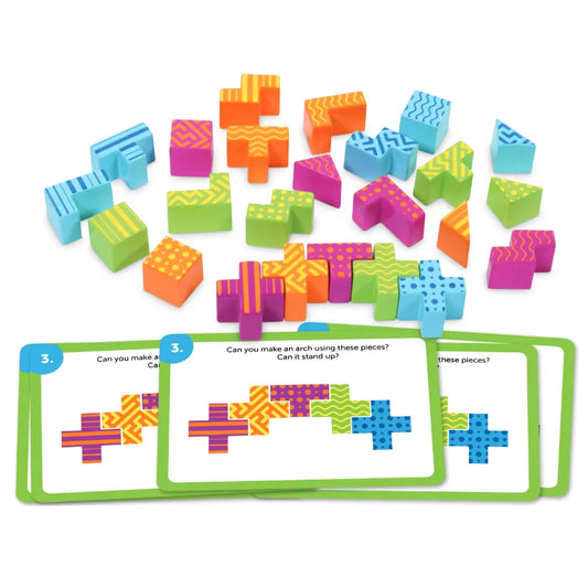 Learning Resources STEM Explorers Brainometry set fully displayed. Shape-based logic puzzles designed to boost critical thinking, spatial reasoning, and problem-solving for kids ages 5+.