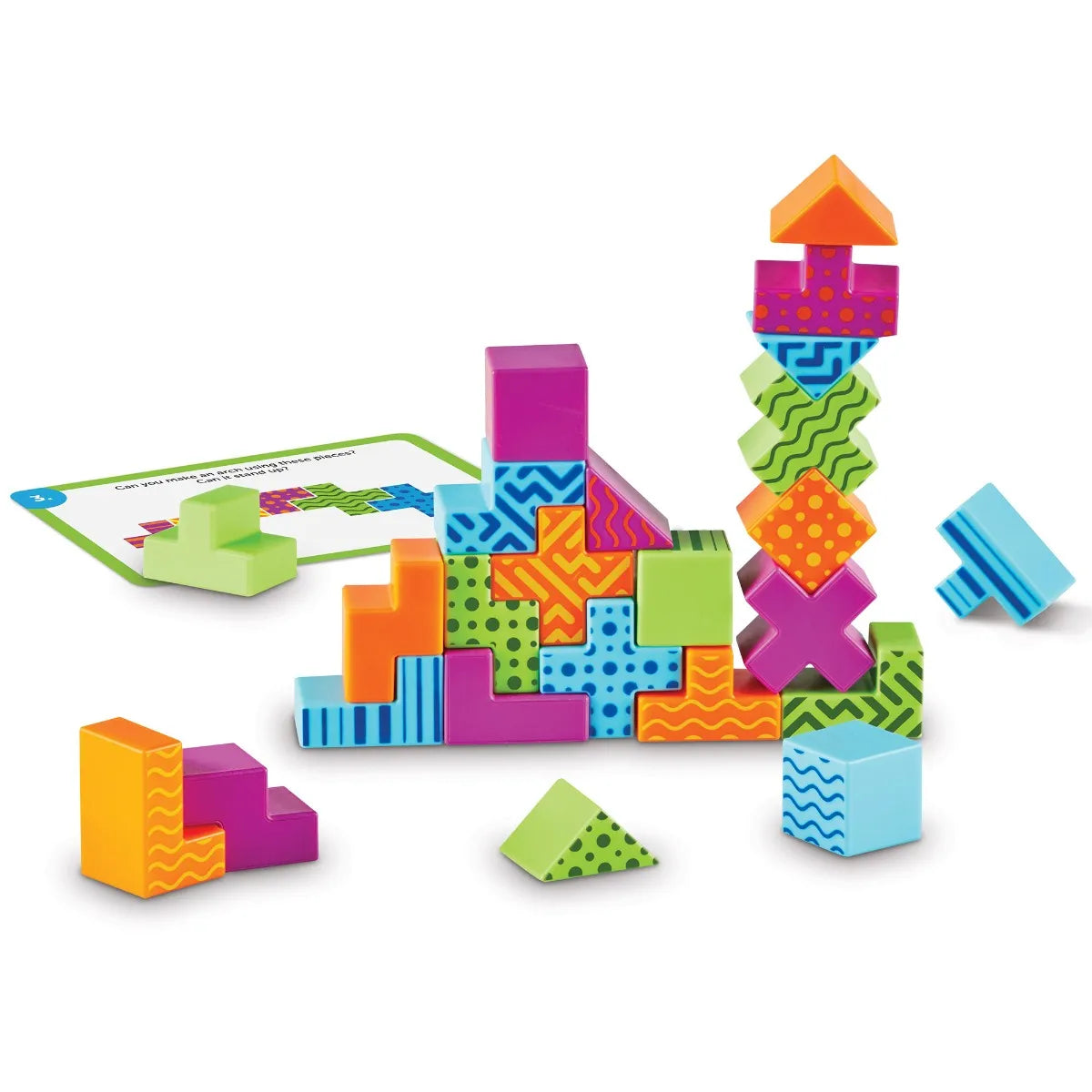 Learning Resources STEM Explorers Brainometry in progress, with pieces being assembled into shape-based logic puzzles. Encourages critical thinking, spatial reasoning, and problem-solving for kids ages 5+.