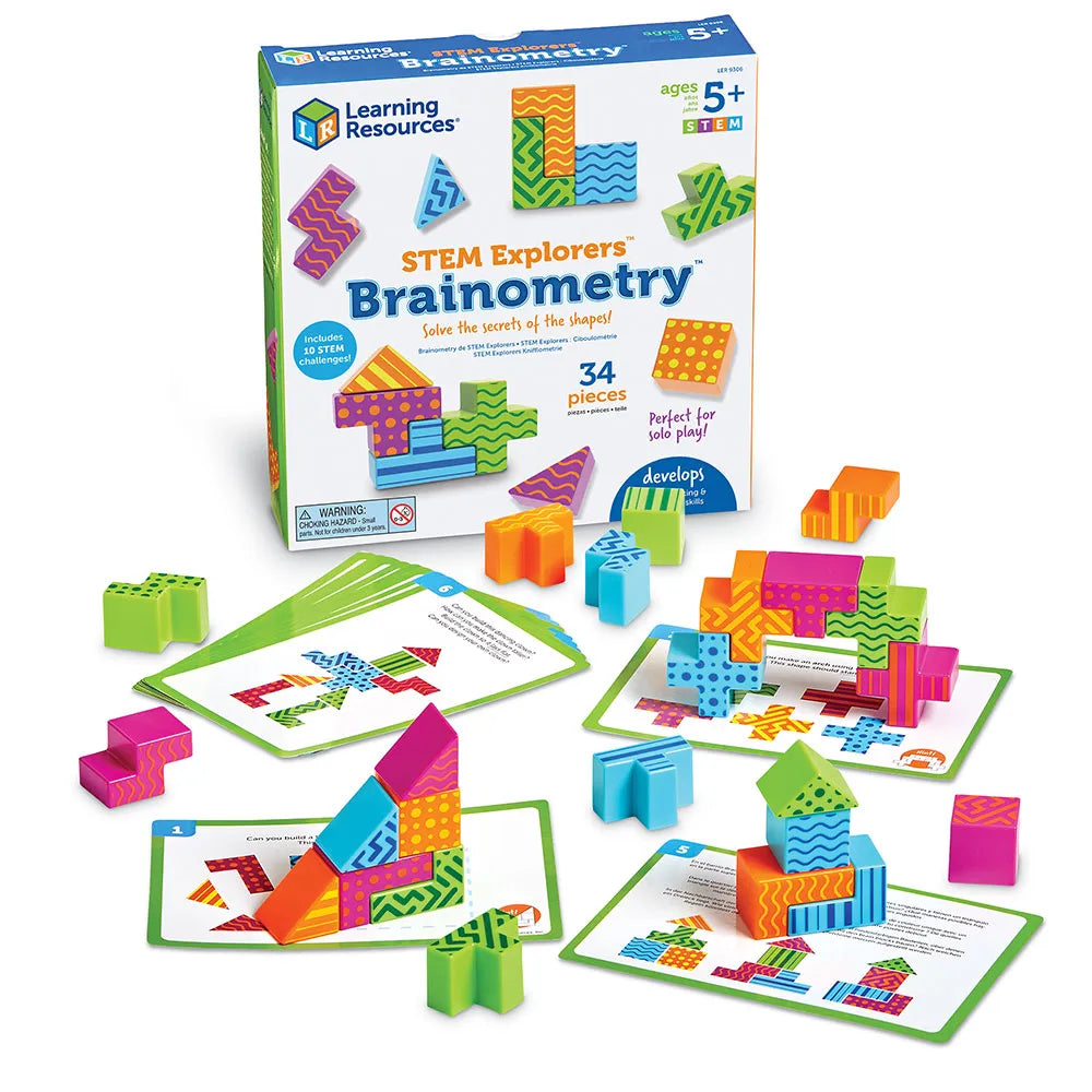 Learning Resources STEM Explorers Brainometry box and puzzle pieces out of the box. Shape-based logic puzzles designed to boost critical thinking and spatial reasoning for kids ages 5+.