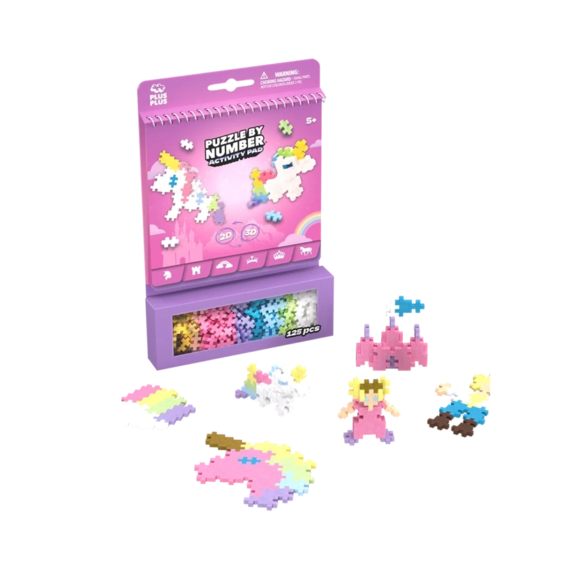 The front of the Plus-Plus Fairies & Unicorns Activity Pad, featuring colourful illustrations of fairies, unicorns, and castles, highlighting the 125-piece creative building set.