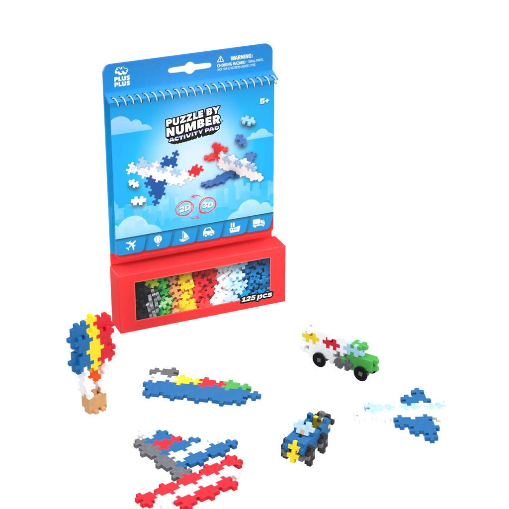 The front of the Plus-Plus Transport Activity Pad, showcasing coloUrful vehicle illustrations and branding, highlighting the 125-piece STEM learning set.