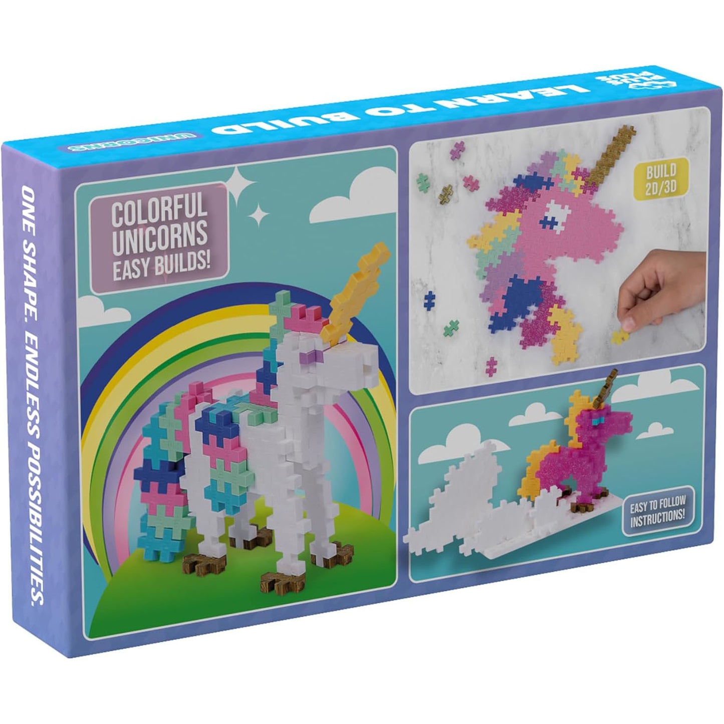 The back of the Plus-Plus Learn to Build Unicorns box, displaying colourful illustrations, building instructions, and details about the 275-piece set.