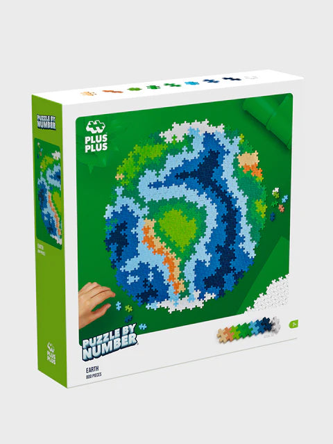 The front of the Plus-Plus Puzzle By Number Earth box, featuring vibrant illustrations and branding, highlighting the 800-piece creative puzzle set