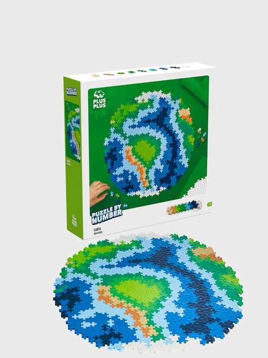 "The Plus-Plus Puzzle By Number Earth box alongside an almost completed Earth mosaic, built from 800 coloruful interlocking pieces, showcasing the numbered puzzle design.