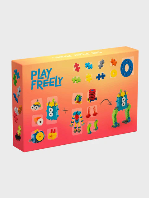 The back of the Plus-Plus Learn to Build Robots box, featuring colourful robot illustrations and the 'Play Freely' message, promoting creativity and STEM learning.