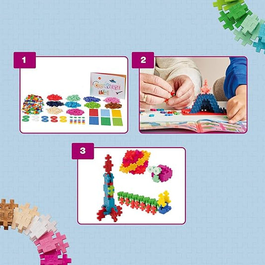 Here are some examples of Plus-Plus pieces arranged in vibrant models featuring interlocking shapes in shades of blue, red, yellow, and green