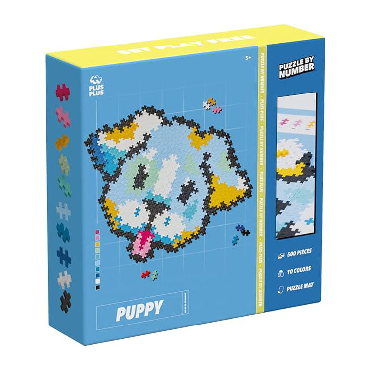 A Plus-Plus Puzzle By Number Puppy set with 500 colourful interlocking pieces, featuring a numbered template to build an adorable puppy model.