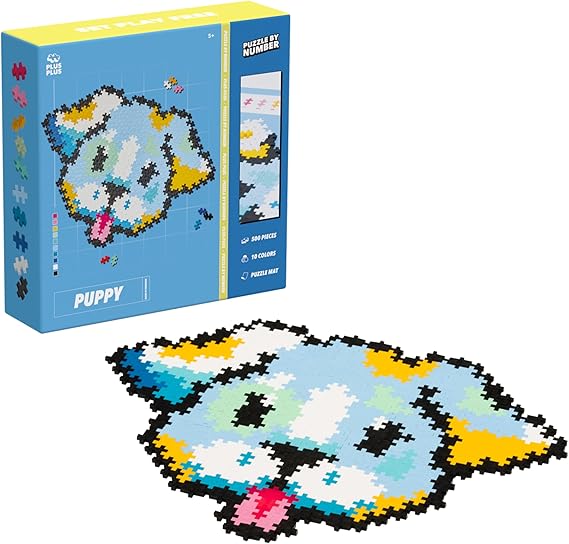 The Plus-Plus Puzzle By Number Puppy box alongside a completed puppy model built from 500 colorful interlocking pieces, showcasing the final design.