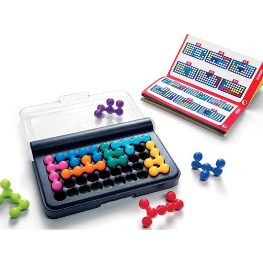 The SmartGames IQ Fit puzzle game, featuring a compact game board with colorful 3D puzzle pieces, alongside an open challenge booklet displaying various logic puzzles