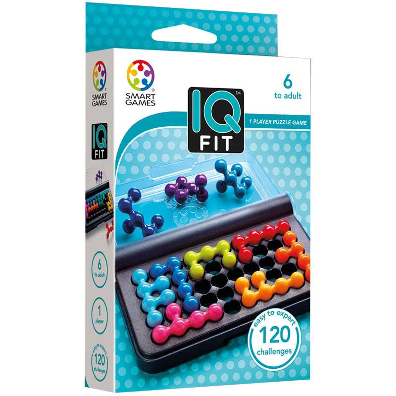 The SmartGames IQ Fit puzzle game, featuring a compact game board with colorful 3D puzzle pieces designed to fit into a flat 2D surface, promoting logic and spatial reasoning