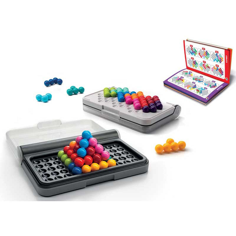 "The SmartGames IQ Puzzler Pro, featuring a compact game board with both 2D and 3D puzzle grids, colourful puzzle pieces, and an open challenge booklet displaying various logic puzzles.