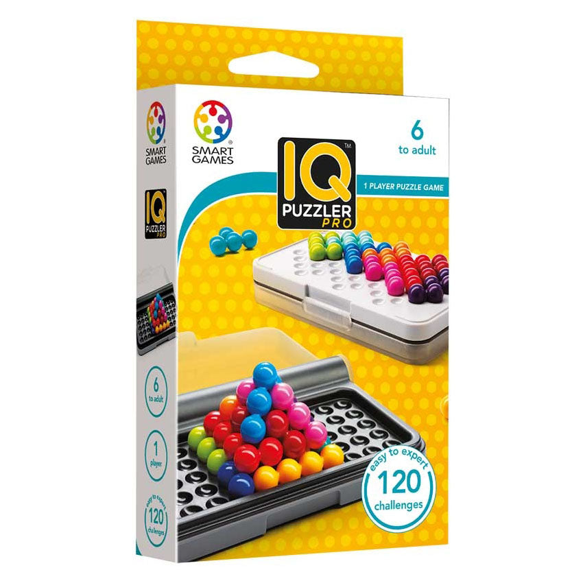 The SmartGames IQ Puzzler Pro featuring a compact puzzle game with 120 challenges in 2D and 3D modes, designed to enhance logic and spatial reasoning skills.
