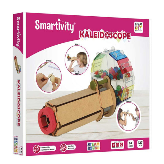 he Smartivity Kaleidoscope, a DIY STEM toy featuring wooden components, colourful beads, and mirrors, designed for children to explore light, reflections, and mesmerizing patterns.