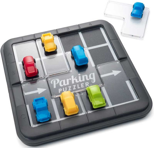 The SmartGames Parking Puzzler, featuring a compact game board with colorful car pieces, designed for ages 6+ to solve 60 unique parking challenges and develop logic skills.