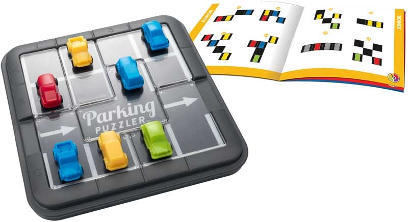 "The SmartGames Parking Puzzler, featuring a compact game board with colorful car pieces, alongside an open instruction booklet displaying challenge setups for logical problem-solving.