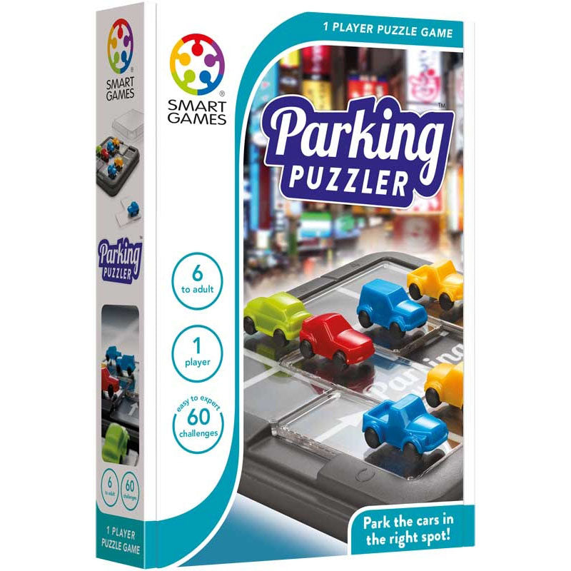 "The SmartGames Parking Puzzler, a logic-based puzzle game featuring a compact board with colorful car pieces, designed for ages 6+ to solve 60 unique parking challenges.