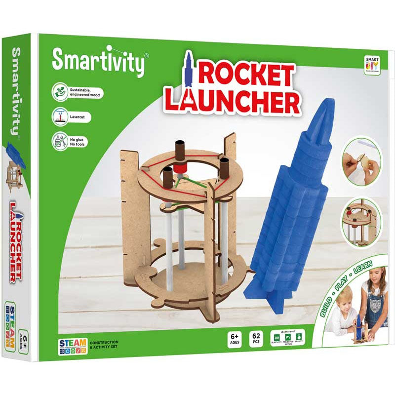 The Smartivity Rocket Launcher, a DIY STEM toy for kids aged 6-14, featuring a wooden launch mechanism for hands-on learning about thrust and propulsion.