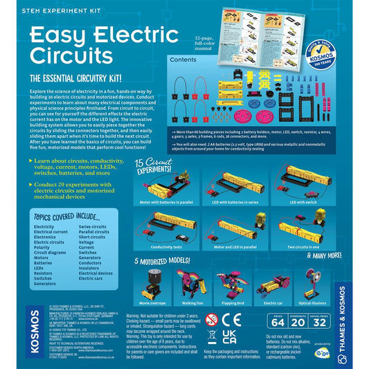 Back of the Thames & Kosmos Easy Electric Circuits box. Displays product details, features, and experiment instructions for hands-on STEM learning.