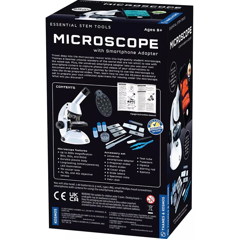 Back of the Thames & Kosmos Microscope with Smartphone Adapter box. Displays product details, features, and specifications for STEM learning.