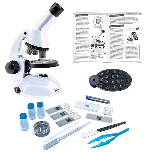 Thames & Kosmos Microscope with Smartphone Adapter kit. Includes microscope, instruction booklet, and 45 accessories for STEM exploration. Up to 600x magnification
