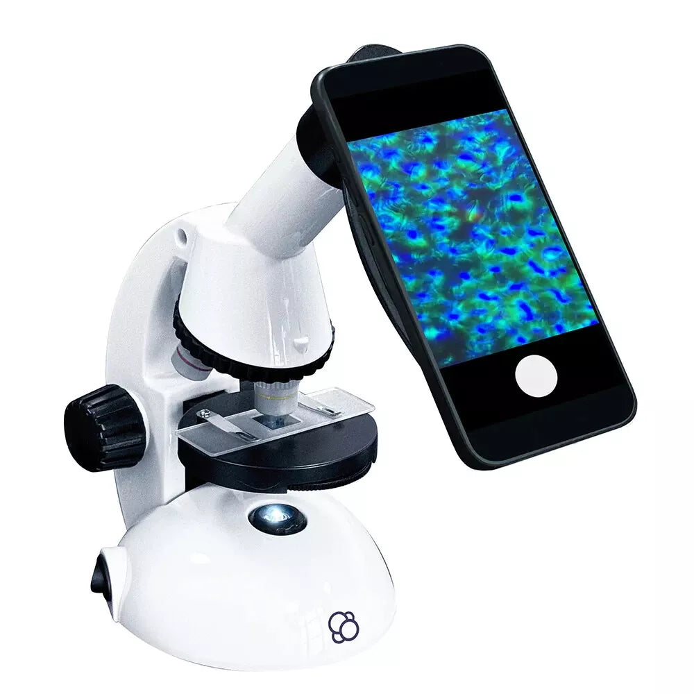 Thames & Kosmos Microscope with Smartphone Adapter. A white microscope with a phone attached, enabling digital magnification up to 600x for STEM learning