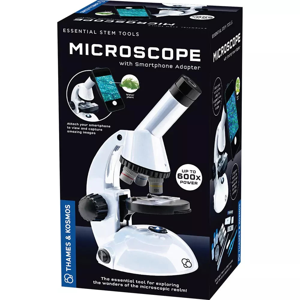 Thames & Kosmos student microscope with smartphone adapter. Up to 600x magnification, LED illumination, and 45 accessories for STEM learning. Ages 8+