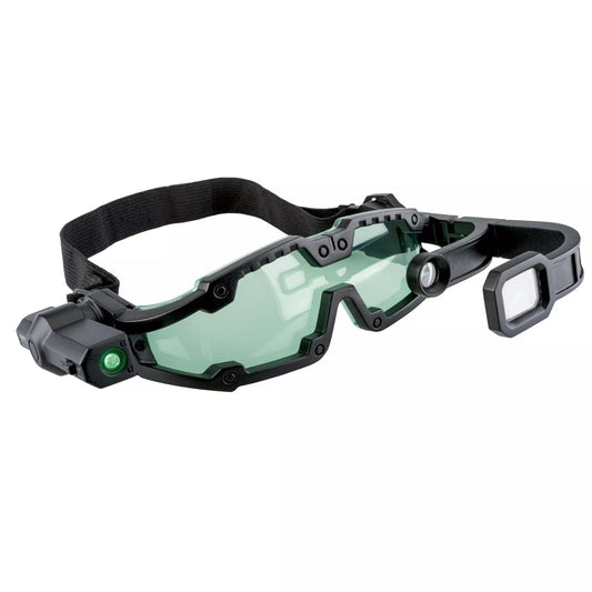 Spy Labs Night Vision Goggles. Sleek black goggles with a green LED headlamp, magnifying lenses, and a scouting scope for night time exploration