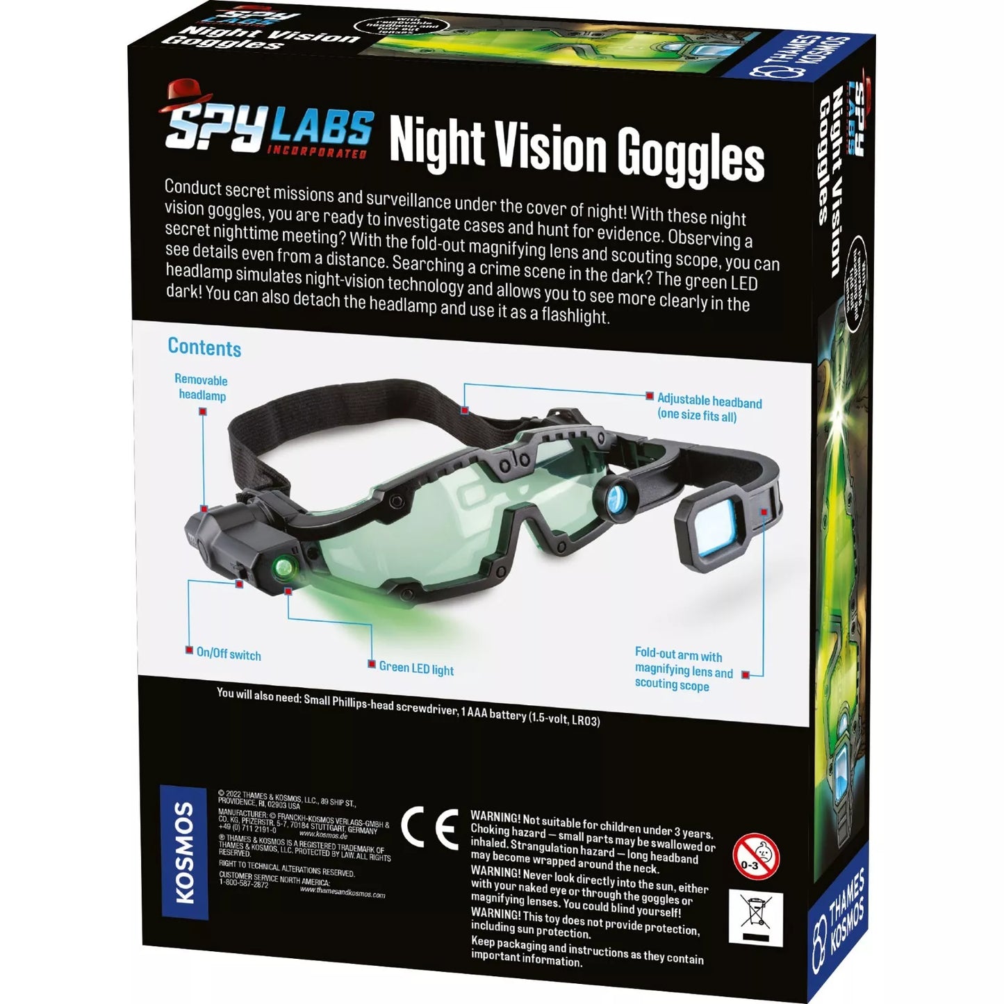 ack of the Spy Labs Night Vision Goggles box. Displays product details, features, and specifications, highlighting night time exploration and spy-themed play."