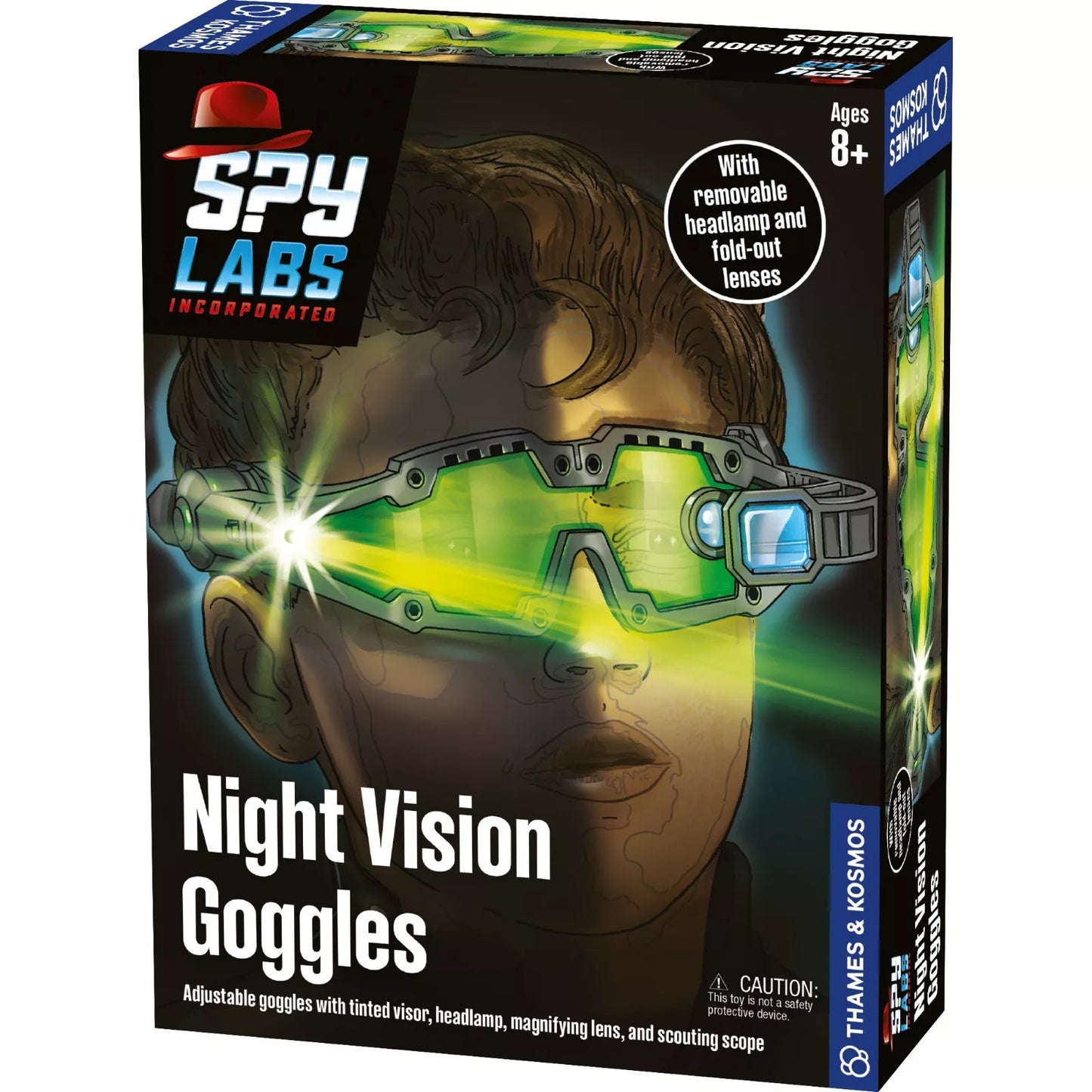 Spy Labs Night Vision Goggles—see in the dark like a true detective! Features a green LED headlamp, magnifying lenses, and a scouting scope for night time exploration.