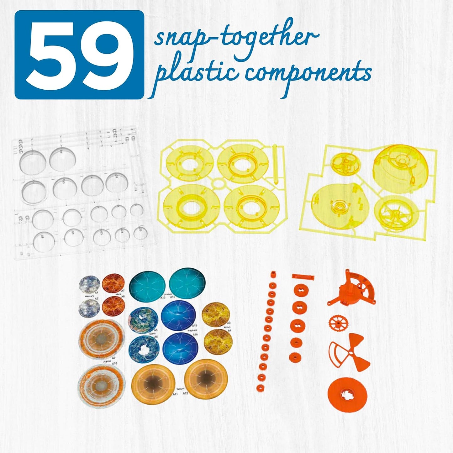 Thames & Kosmos Orbiting Solar System kit contents. Includes 59 snap-together plastic components for building a motorized model of planetary motion.
