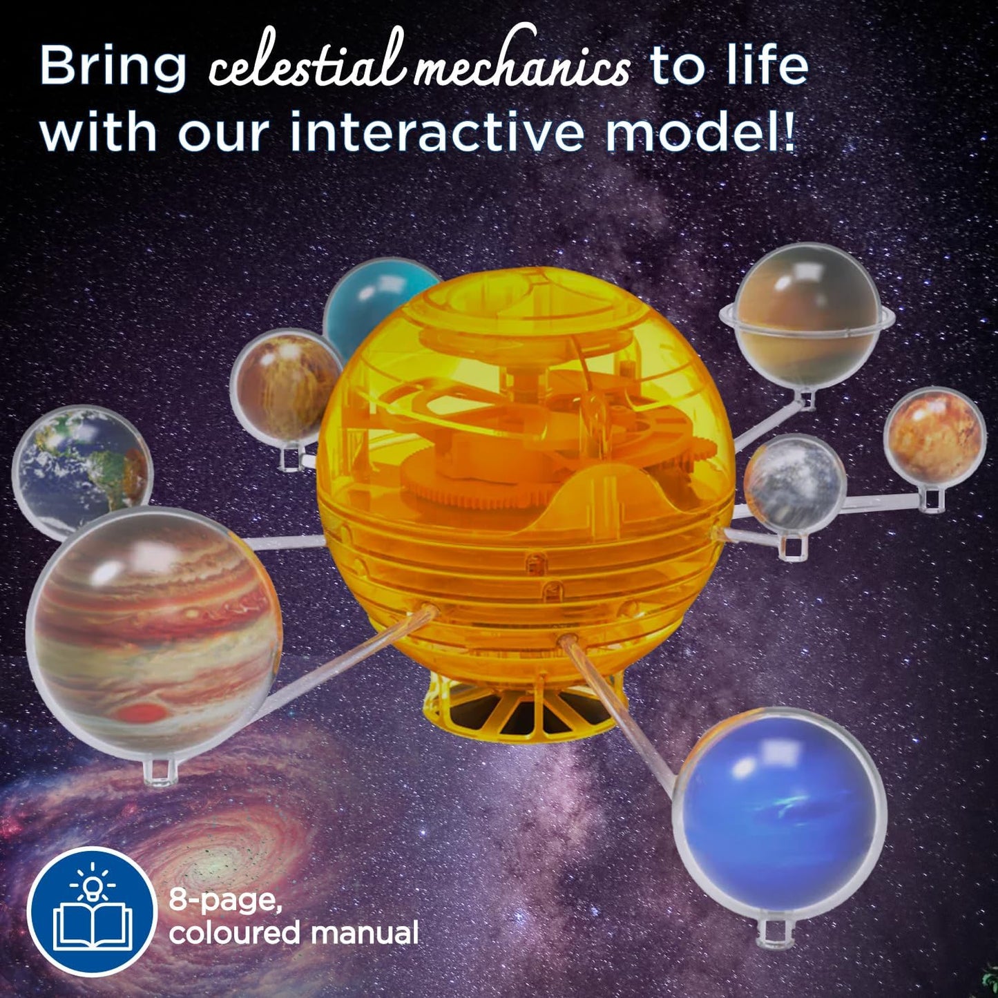 Thames & Kosmos Orbiting Solar System kit. Bring celestial mechanics to life with an interactive motorized model. Includes an 8-page color manual for guided STEM learning.