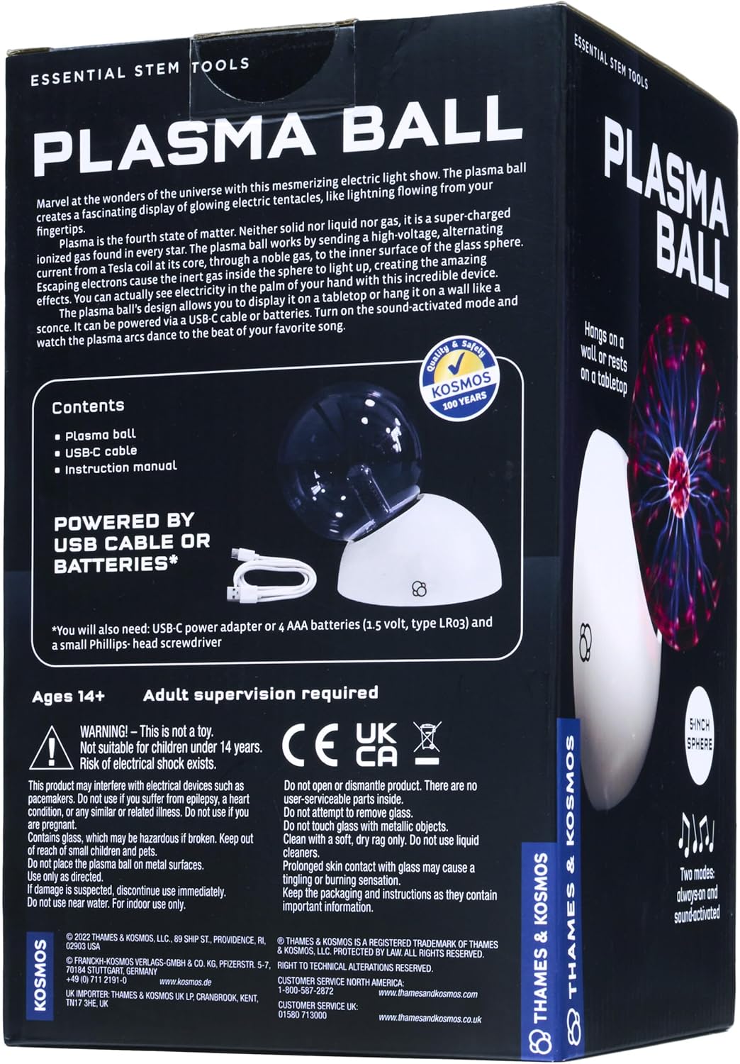 Back of the Thames & Kosmos Plasma Ball box. Displays product details, features, and science experiment instructions for interactive STEM learning.