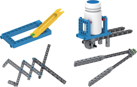 Thames & Kosmos Simple Machines kit with assembled models. Various mechanical structures demonstrate forces, engineering, and physics concepts for hands-on STEM learning.