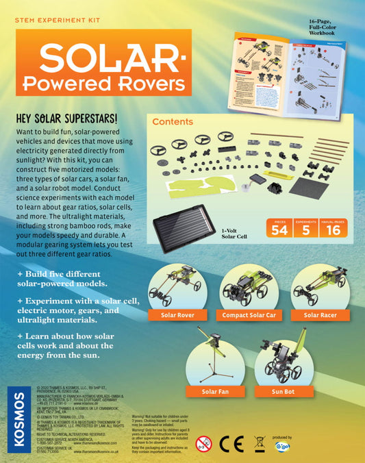 Back of the Thames & Kosmos Solar Powered Rovers box. Displays product details, features, and instructions for building five solar-powered vehicles—no batteries needed.