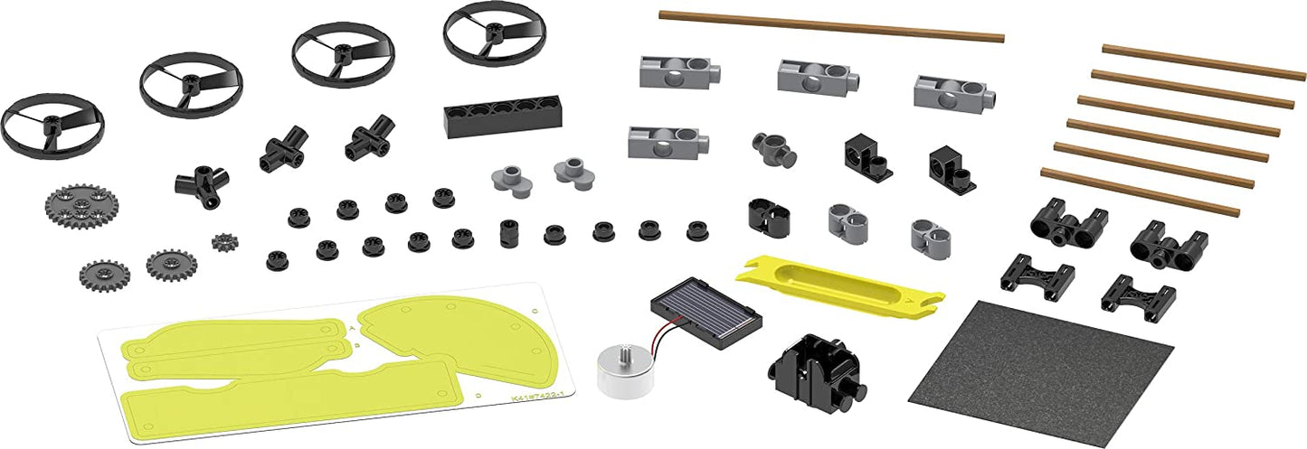 Thames & Kosmos Solar Powered Rovers kit contents. Includes plastic components for building five solar-powered vehicles, designed for hands-on STEM learning.