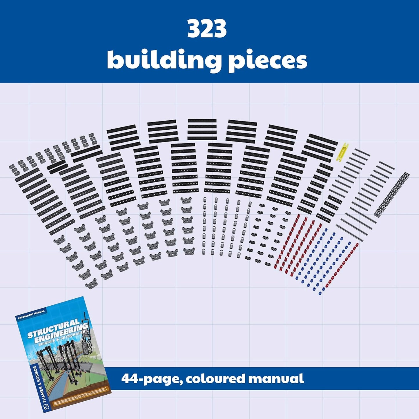"Thames & Kosmos Structural Engineering kit with 323 building pieces and a 44-page full-color manual. Hands-on STEM learning explores forces, stability, and architectural design