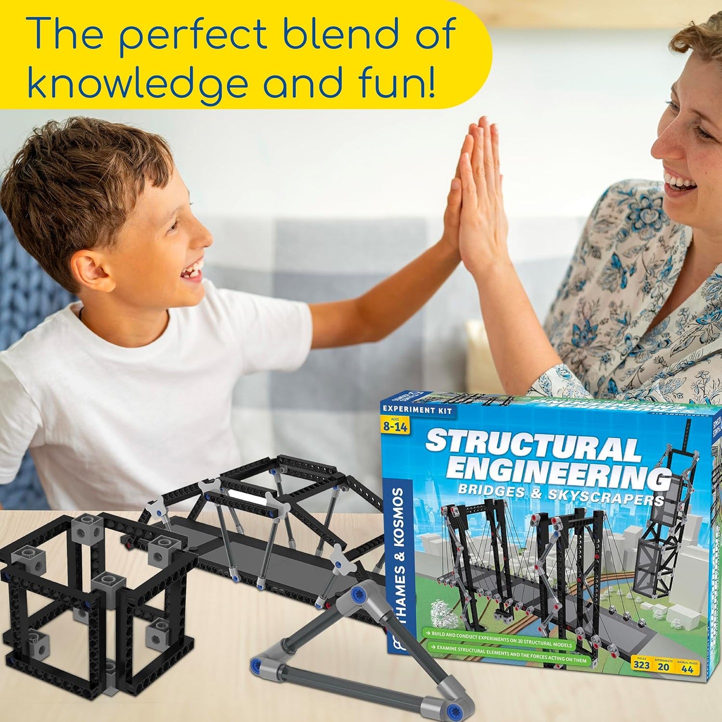 A mum and son building a model from the Thames & Kosmos Structural Engineering kit, enjoying hands-on STEM learning together. A fun way to explore forces and stability.