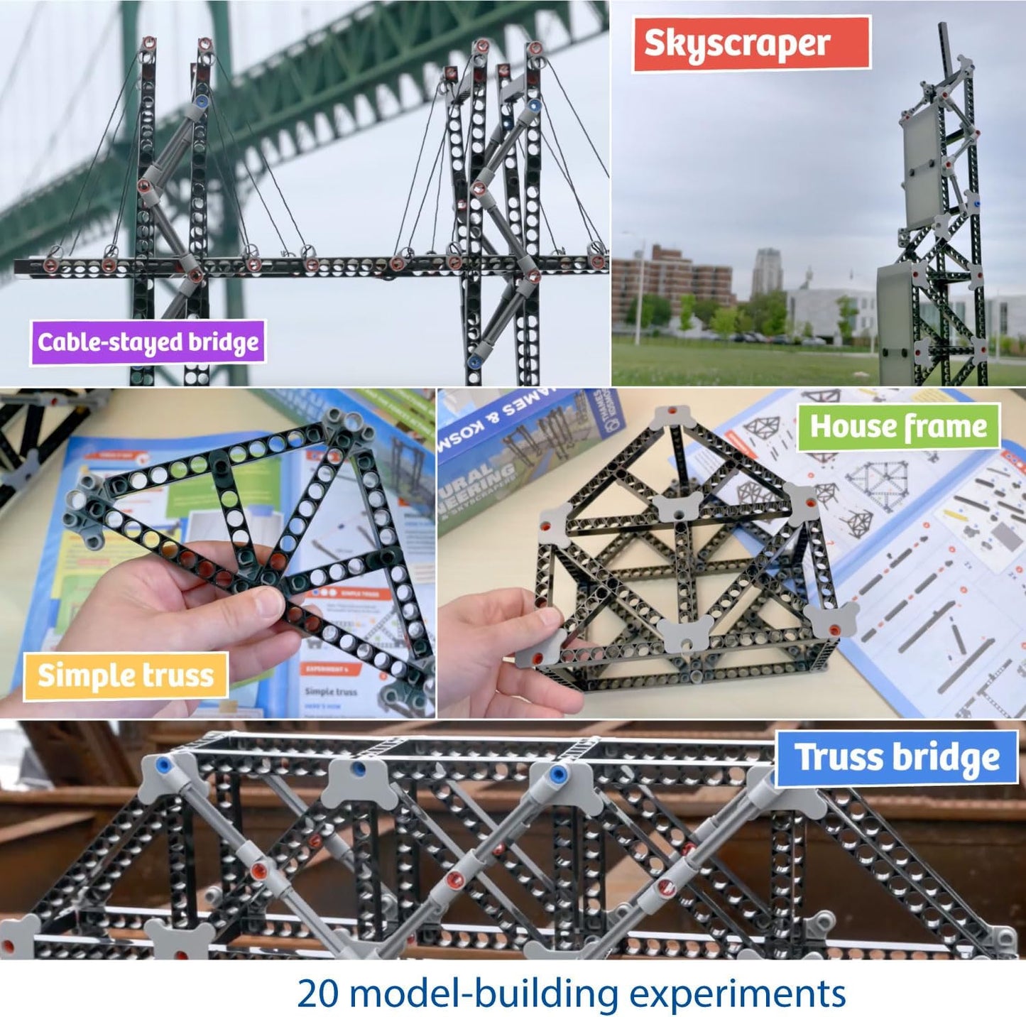 Thames & Kosmos Structural Engineering kit showcasing five built models: a cable-stayed bridge, skyscraper, simple truss, house frame, and truss bridge. Hands-on STEM learning explores forces, stability, and architectural design.