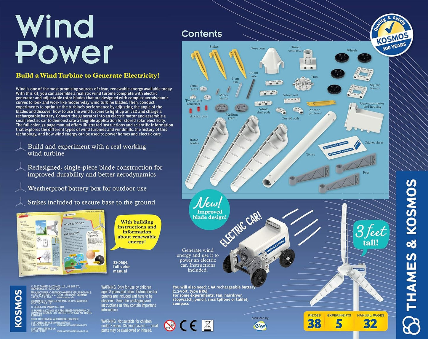 Back of the Thames & Kosmos Wind Power kit box. Displays product details, features, and specifications, highlighting renewable energy and hands-on STEM learning.