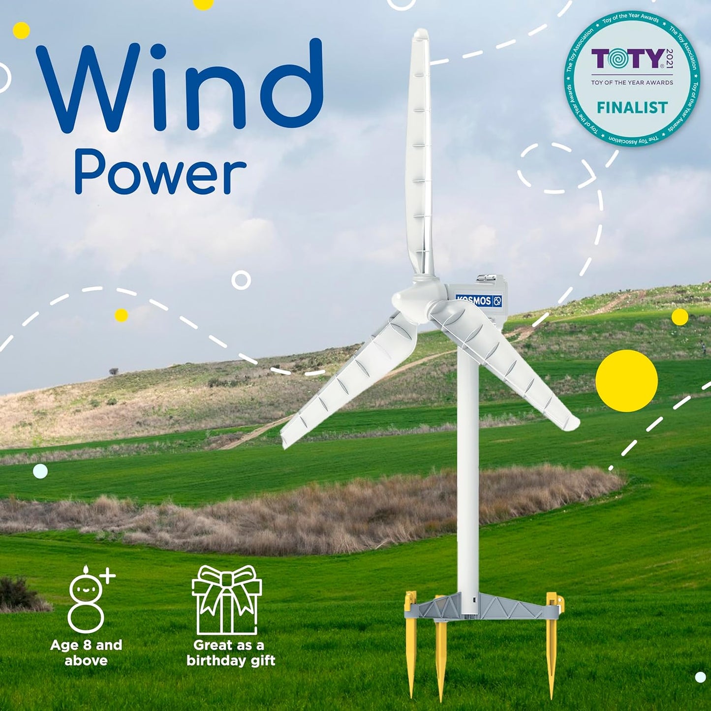 Thames & Kosmos Wind Power kit with a wind turbine set up in a field. Showcases renewable energy, STEM learning, and its finalist award recognition.