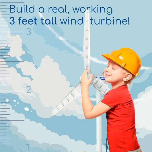 Thames & Kosmos Wind Power kit with a 3-foot-tall working wind turbine. A child holds the center, exploring renewable energy through hands-on STEM learning