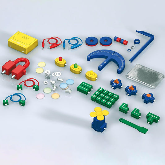 "The Thames & Kosmos Electricity & Magnetism kit contents, including colorful snap-together circuit components, wires, magnets, and a 64-page experiment manual.