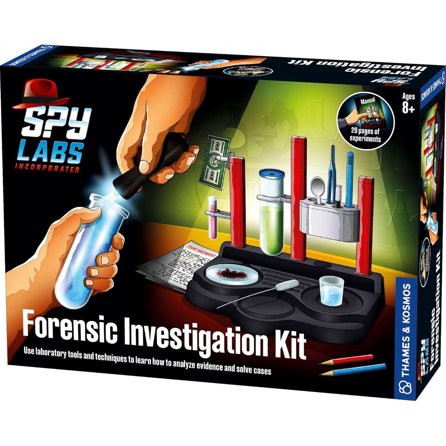 The Spy Labs Forensic Investigation Kit, featuring tools like fingerprint powder, UV flashlight, pH test strips, and lab equipment for hands-on detective experiments.